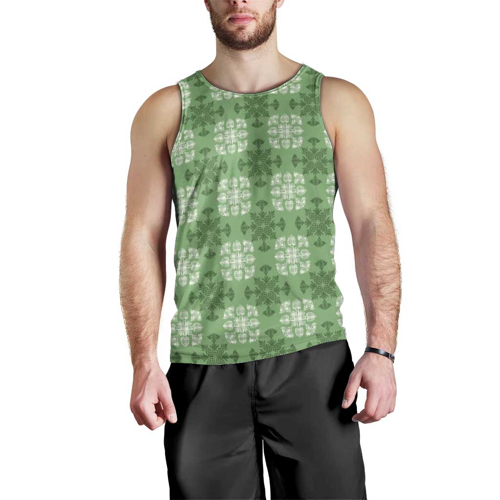 Green Hawaiian Quilt Men Tank Top Hawaii Pineapple Monstera Palaka Motifs - Polynesian Pride