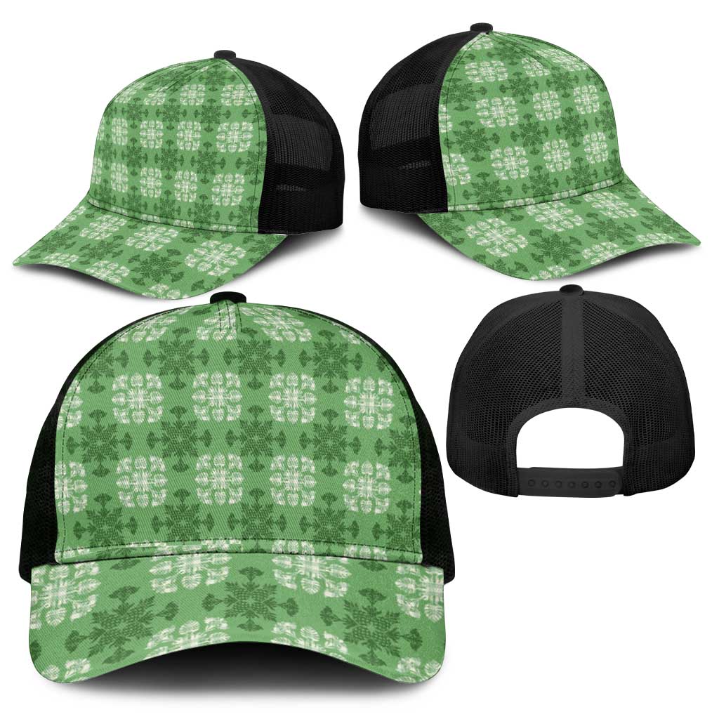 Green Hawaiian Quilt Mesh Trucker Cap Hawaii Pineapple Monstera Palaka Motifs - Polynesian Pride