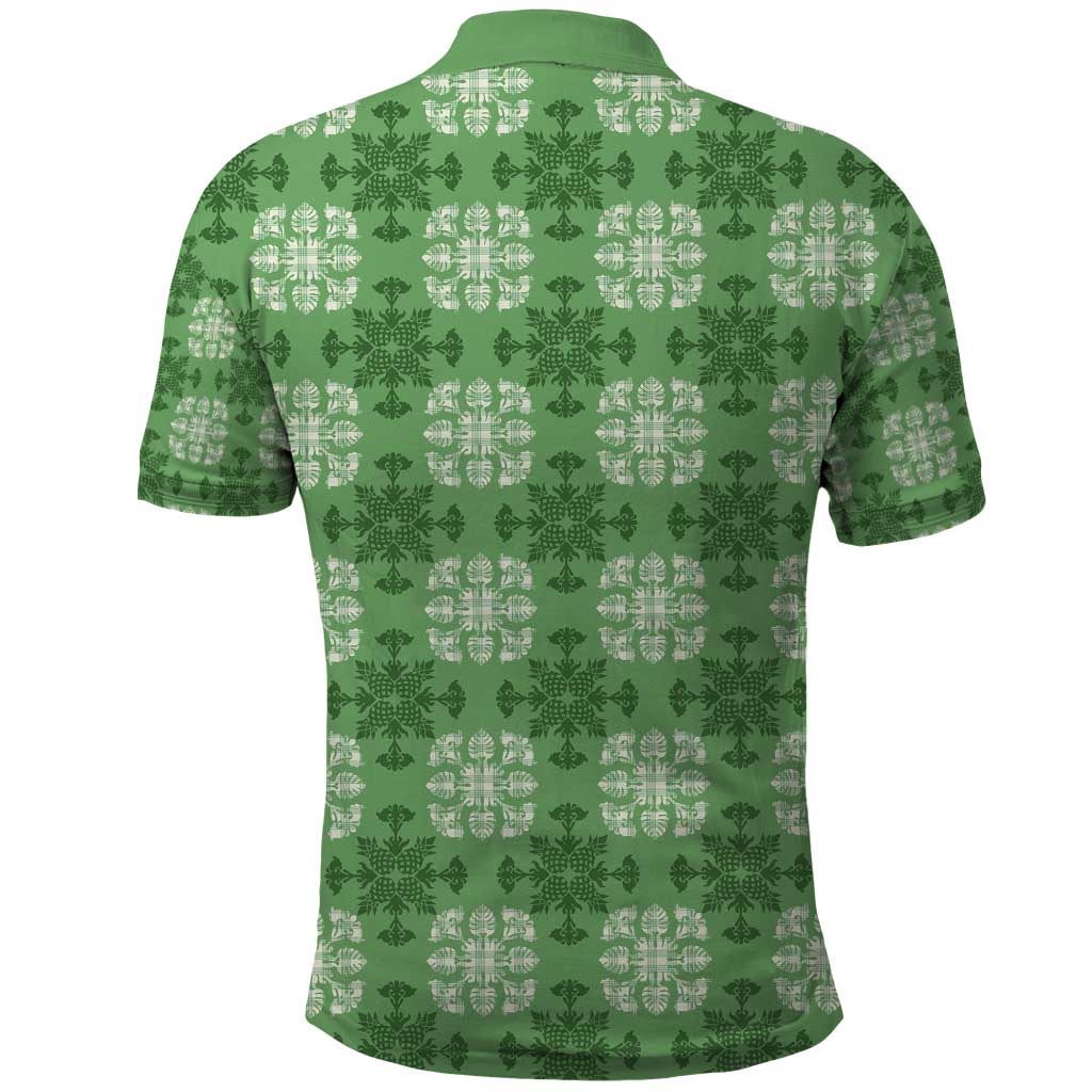 Green Hawaiian Quilt Polo Shirt Hawaii Pineapple Monstera Palaka Motifs - Polynesian Pride