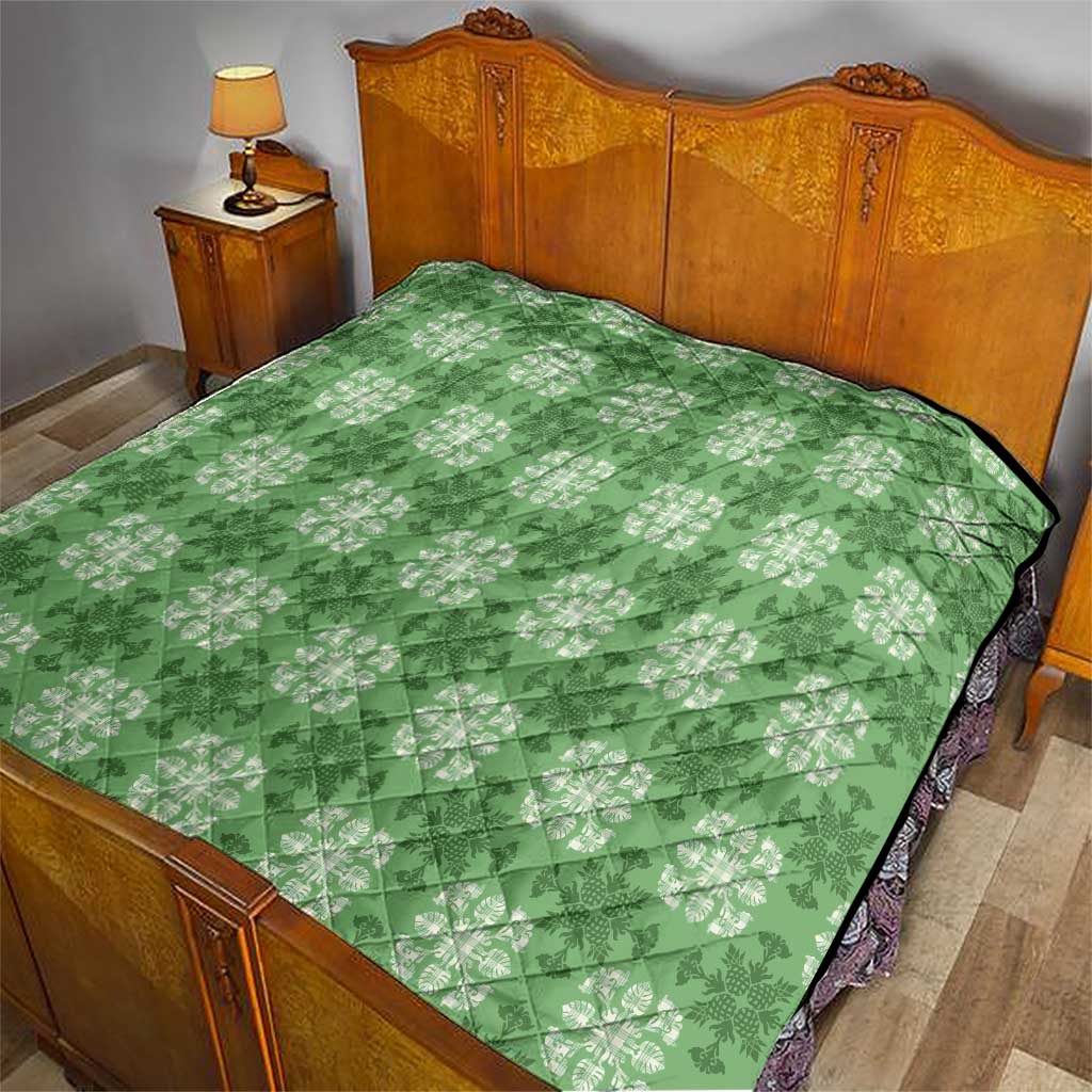 Green Hawaiian Quilt Quilt Hawaii Pineapple Monstera Palaka Motifs - Polynesian Pride