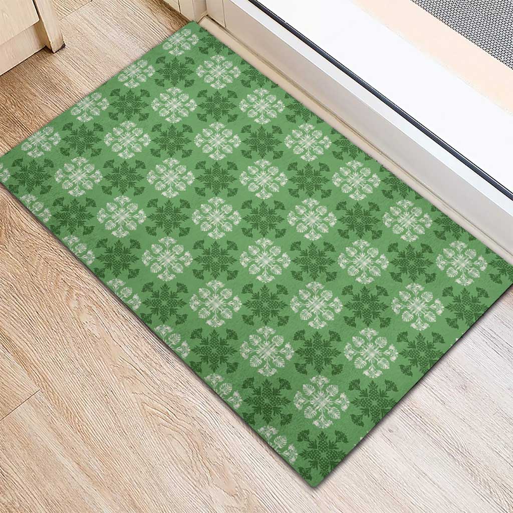 Green Hawaiian Quilt Rubber Doormat Hawaii Pineapple Monstera Palaka Motifs - Polynesian Pride