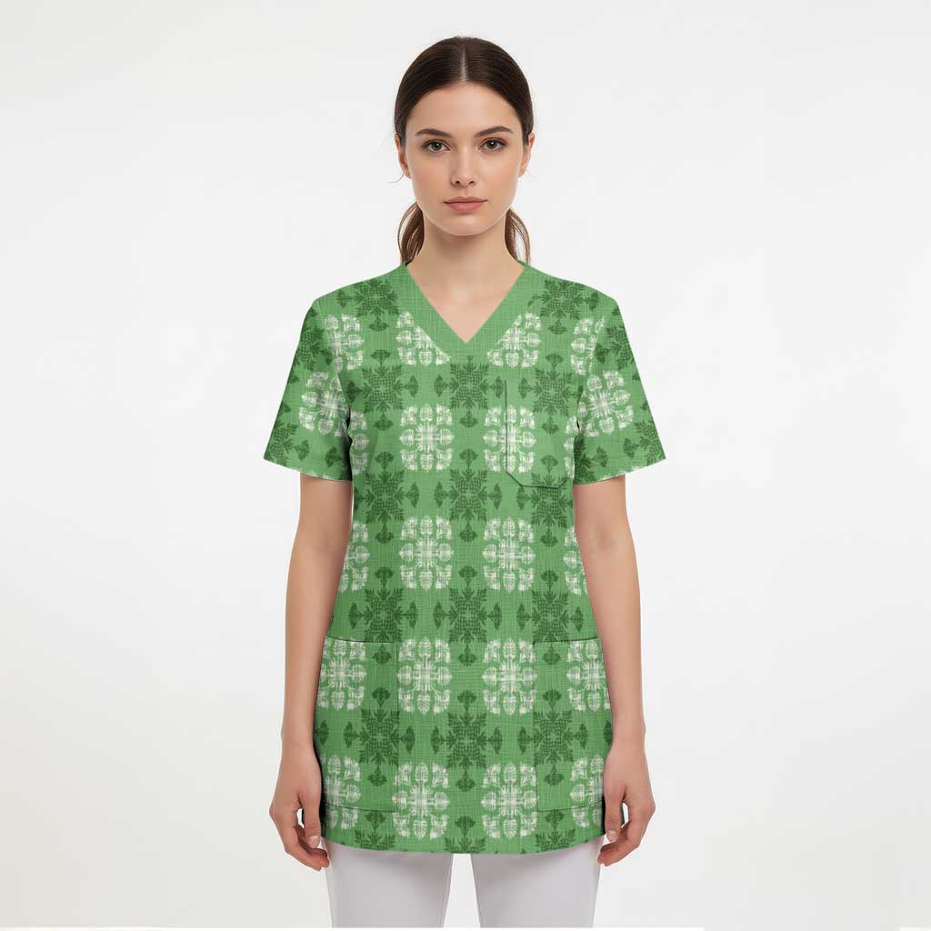 Green Hawaiian Quilt Scrub Top Hawaii Pineapple Monstera Palaka Motifs - Polynesian Pride