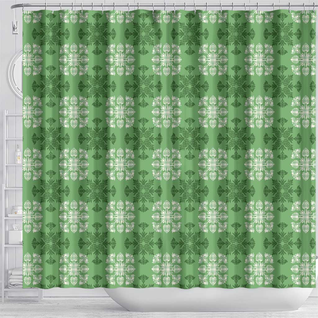Green Hawaiian Quilt Shower Curtain Hawaii Pineapple Monstera Palaka Motifs - Polynesian Pride