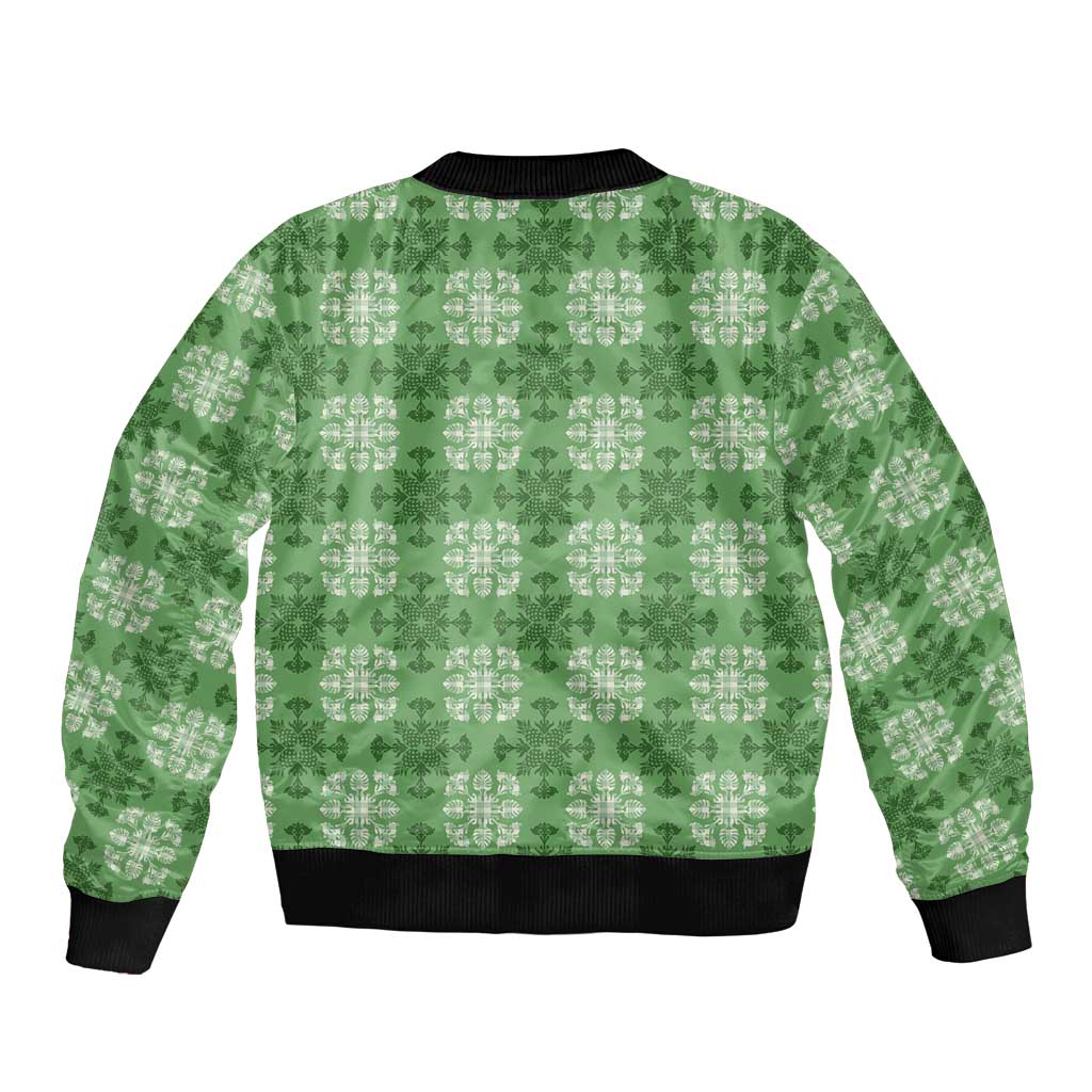 Green Hawaiian Quilt Sleeve Zip Bomber Jacket Hawaii Pineapple Monstera Palaka Motifs - Polynesian Pride