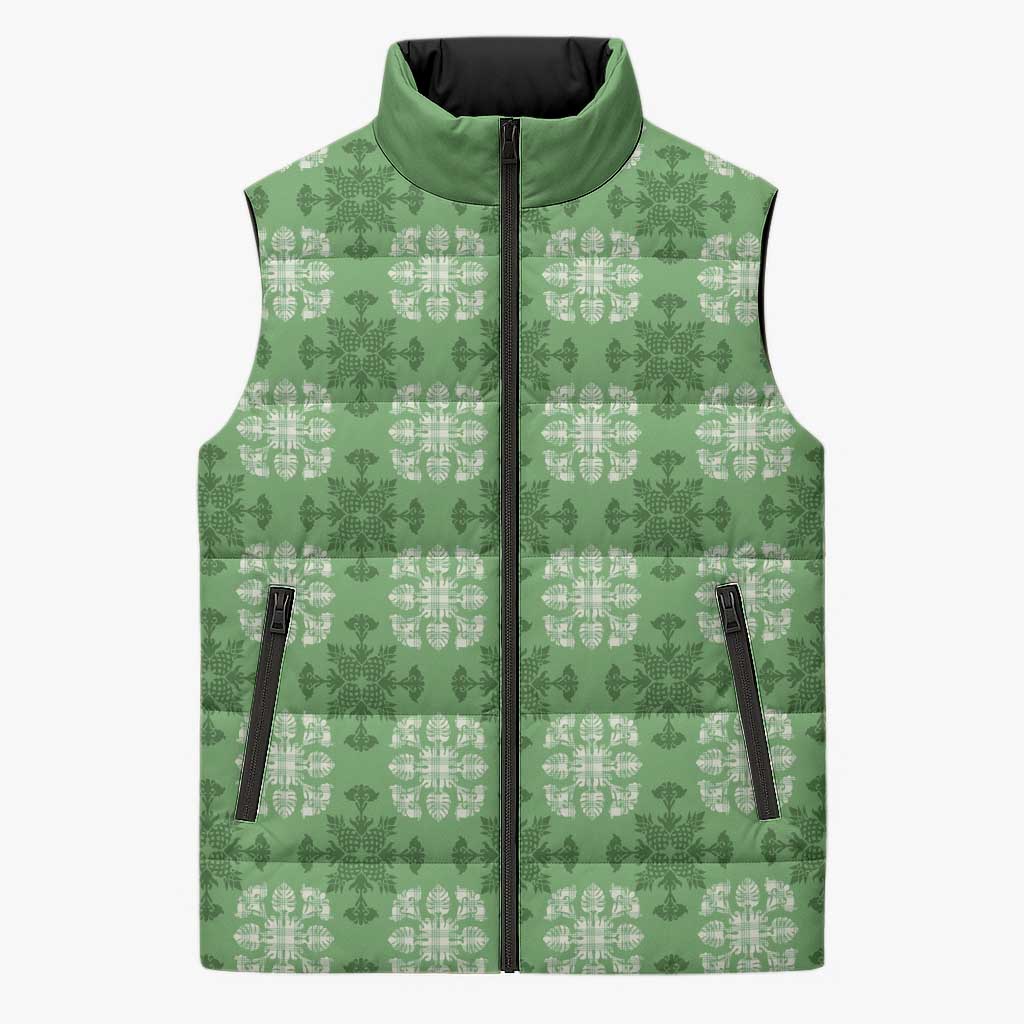 Green Hawaiian Quilt Sleeveless Puffer Jacket Hawaii Pineapple Monstera Palaka Motifs - Polynesian Pride