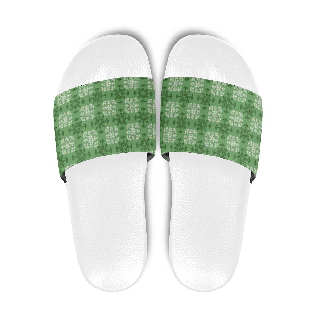 Green Hawaiian Quilt Slide Sandals Hawaii Pineapple Monstera Palaka Motifs - Polynesian Pride