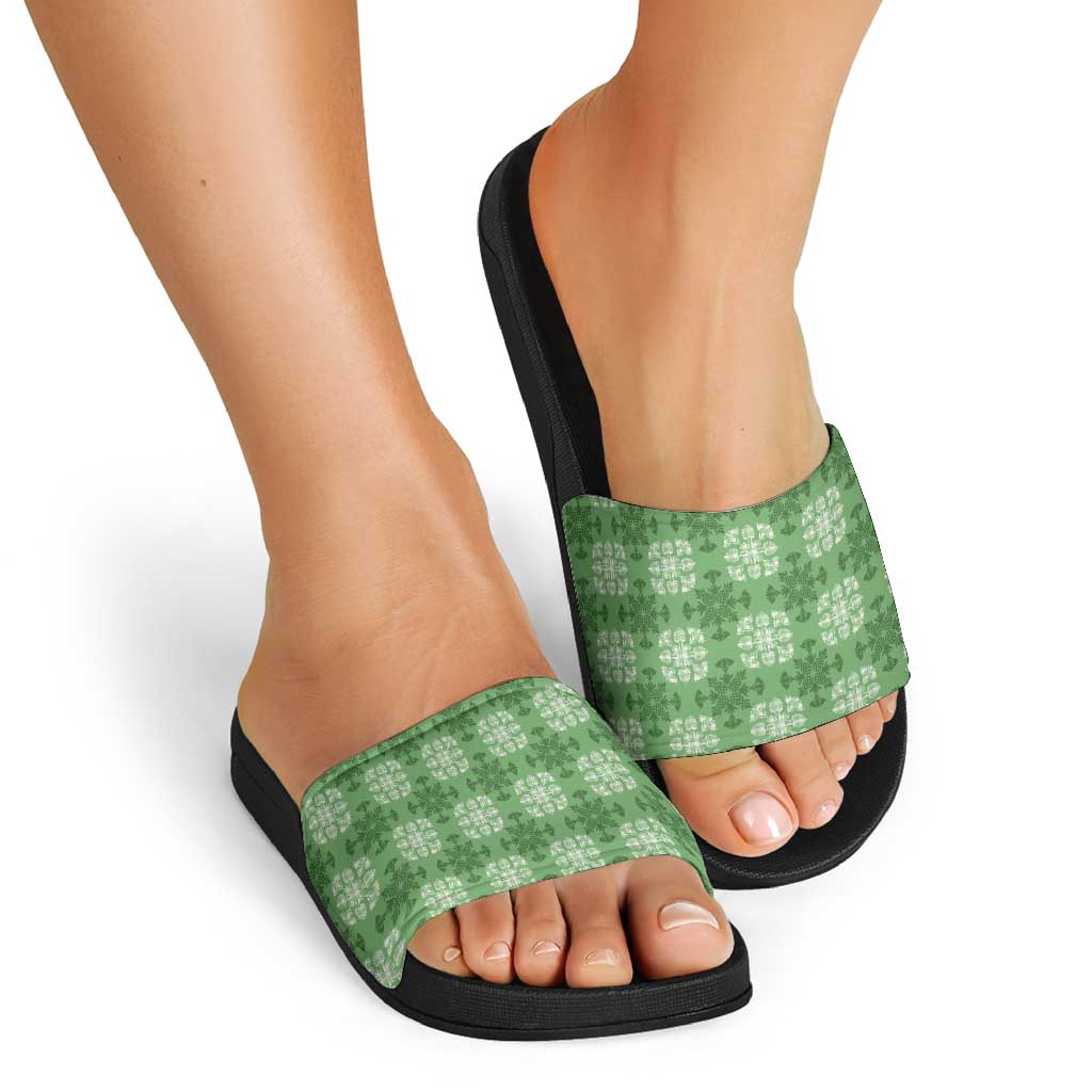 Green Hawaiian Quilt Slide Sandals Hawaii Pineapple Monstera Palaka Motifs - Polynesian Pride