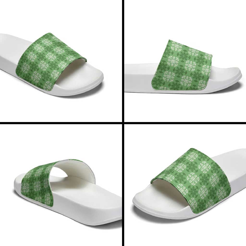 Green Hawaiian Quilt Slide Sandals Hawaii Pineapple Monstera Palaka Motifs - Polynesian Pride