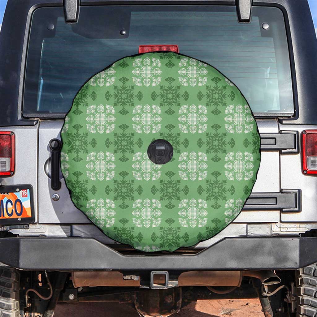 Green Hawaiian Quilt Spare Tire Cover Hawaii Pineapple Monstera Palaka Motifs - Polynesian Pride