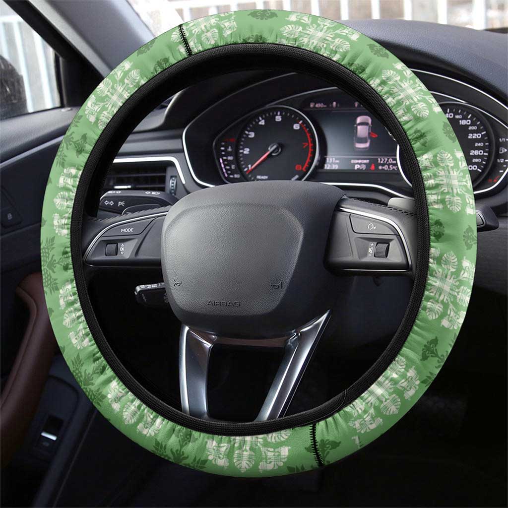 Green Hawaiian Quilt Steering Wheel Cover Hawaii Pineapple Monstera Palaka Motifs - Polynesian Pride