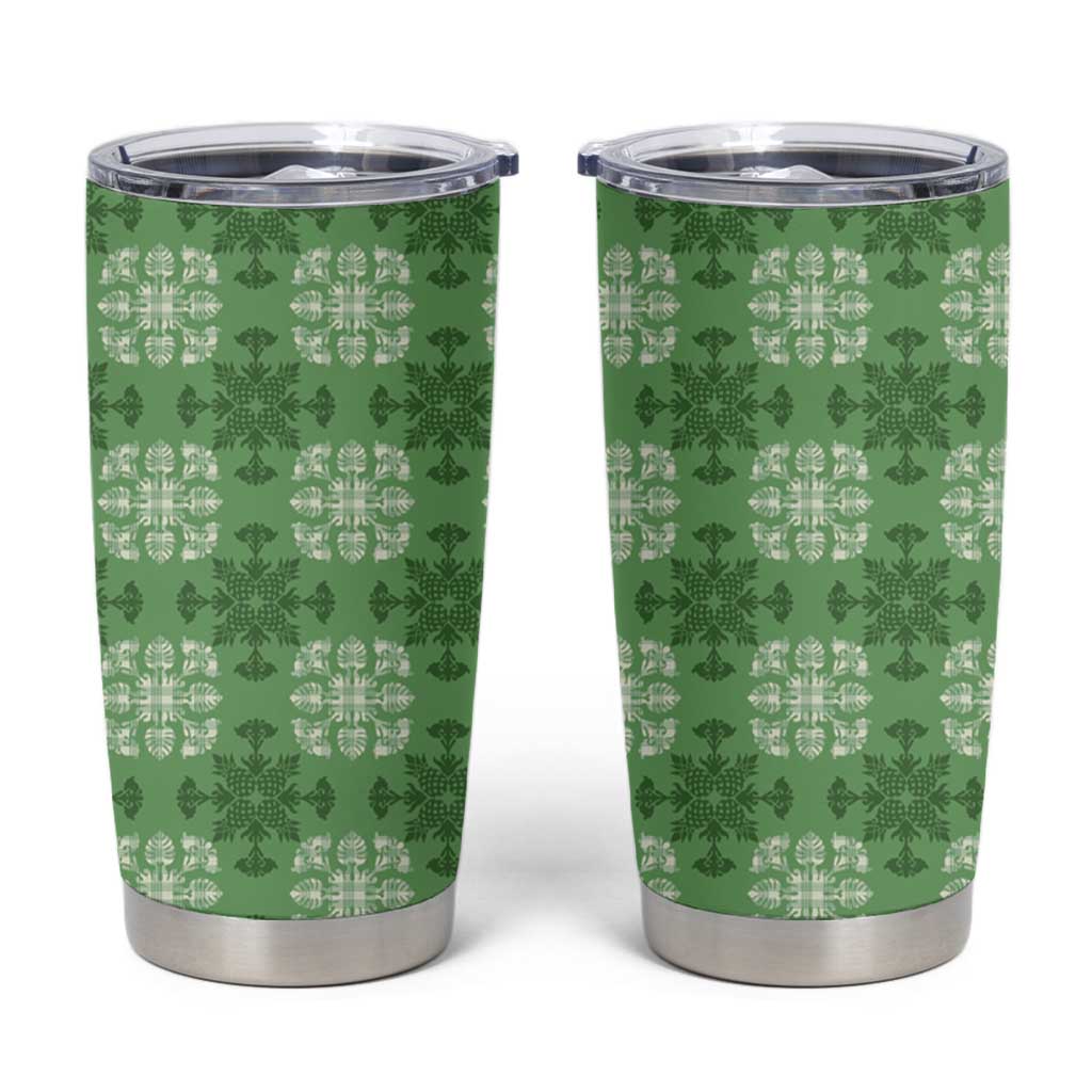 Green Hawaiian Quilt Tumbler Cup Hawaii Pineapple Monstera Palaka Motifs - Polynesian Pride