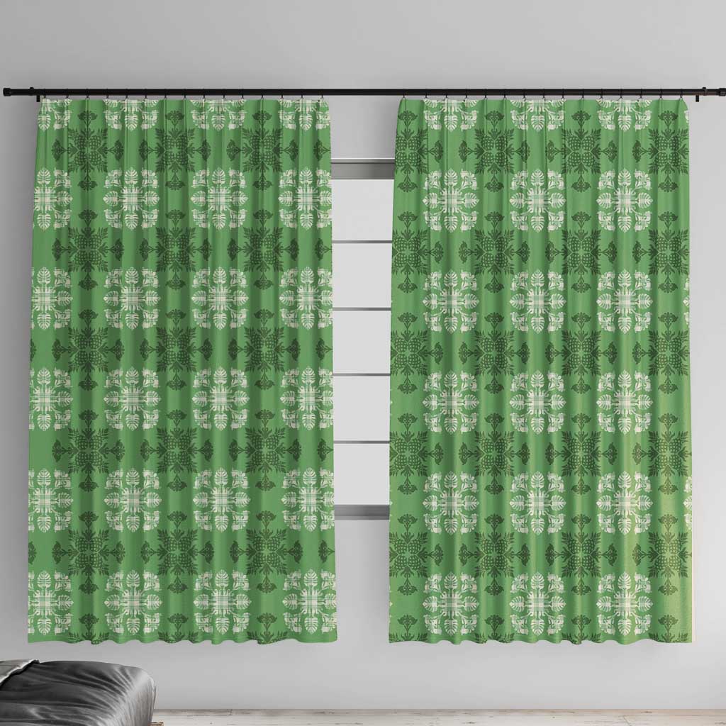 Green Hawaiian Quilt Window Curtain Hawaii Pineapple Monstera Palaka Motifs - Polynesian Pride