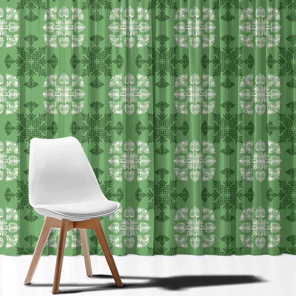 Green Hawaiian Quilt Window Curtain Hawaii Pineapple Monstera Palaka Motifs - Polynesian Pride