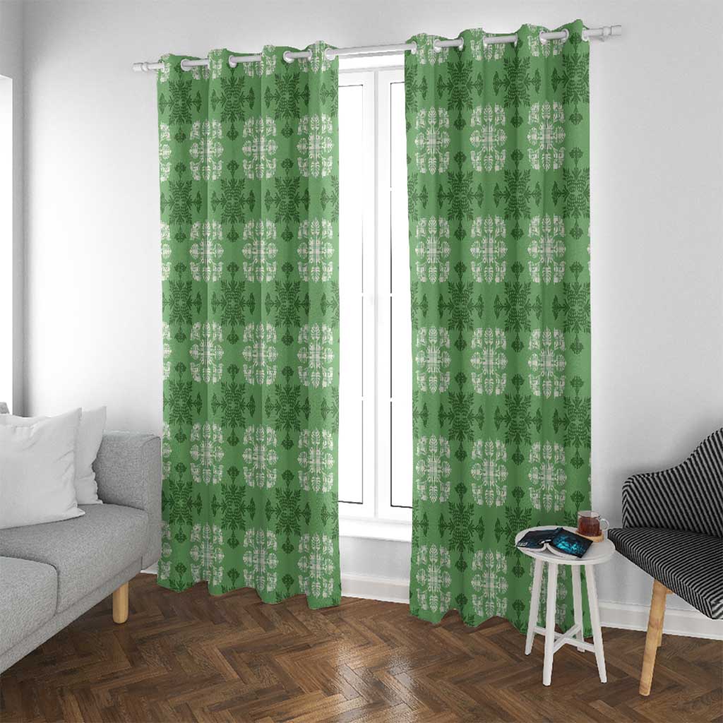 Green Hawaiian Quilt Window Curtain Hawaii Pineapple Monstera Palaka Motifs - Polynesian Pride