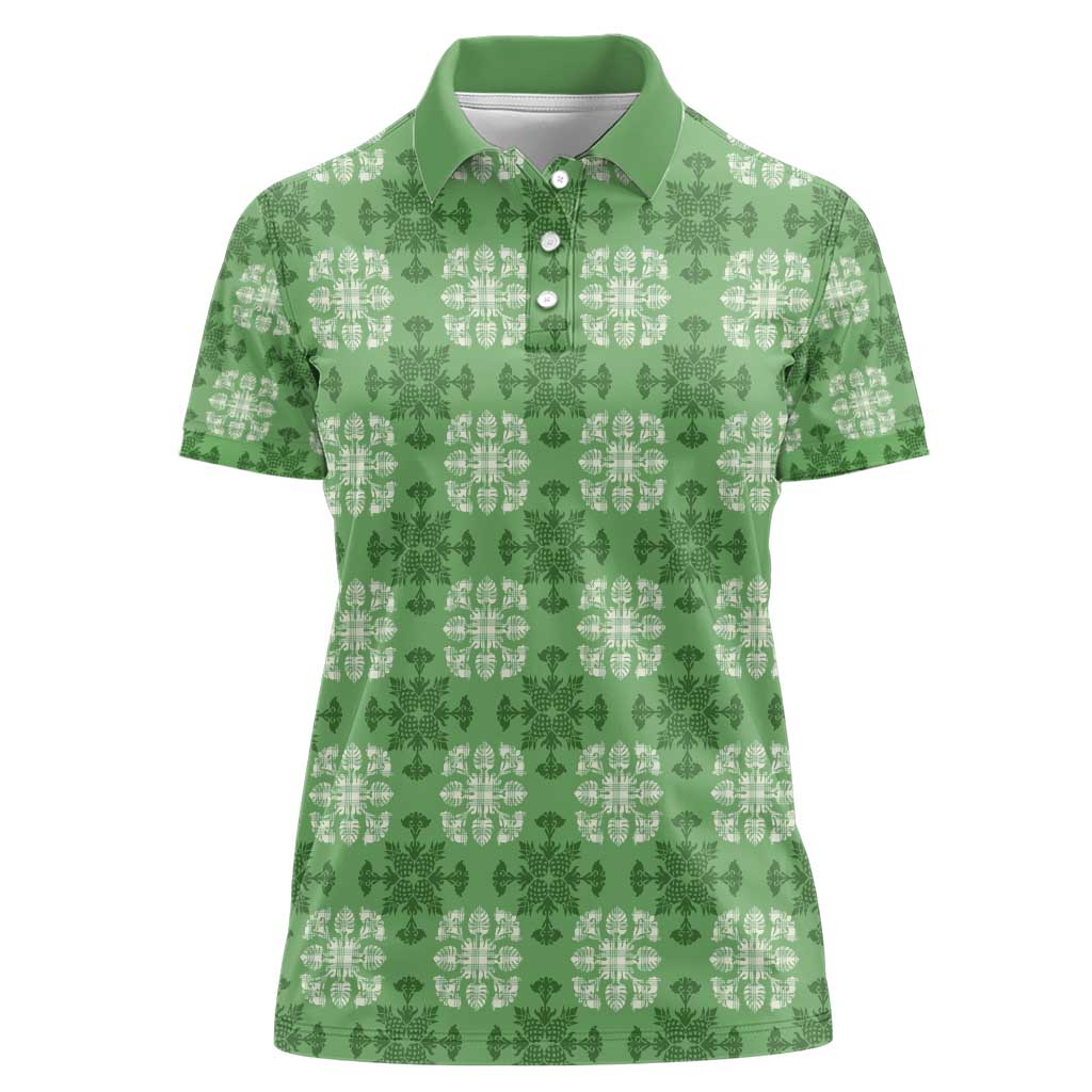 Green Hawaiian Quilt Women Polo Shirt Hawaii Pineapple Monstera Palaka Motifs - Polynesian Pride