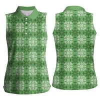 Green Hawaiian Quilt Women Sleeveless Polo Shirt Hawaii Pineapple Monstera Palaka Motifs - Polynesian Pride