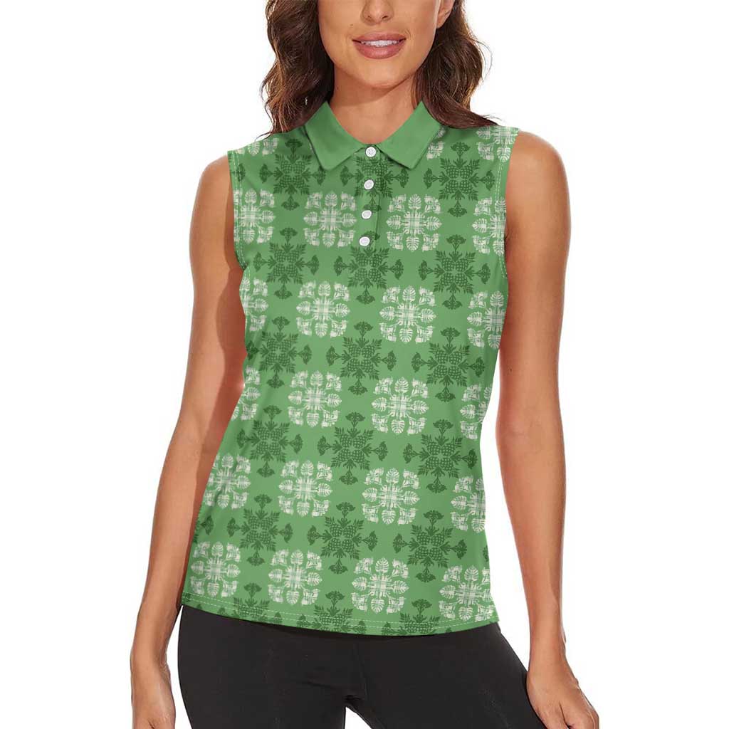 Green Hawaiian Quilt Women Sleeveless Polo Shirt Hawaii Pineapple Monstera Palaka Motifs - Polynesian Pride