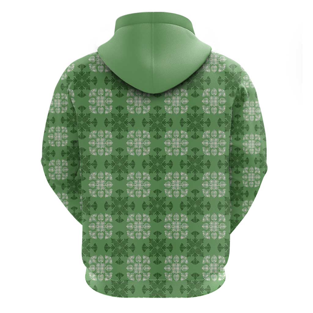 Green Hawaiian Quilt Zip Hoodie Hawaii Pineapple Monstera Palaka Motifs - Polynesian Pride