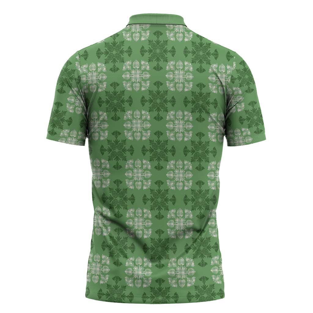 Green Hawaiian Quilt Zipper Polo Shirt Hawaii Pineapple Monstera Palaka Motifs - Polynesian Pride