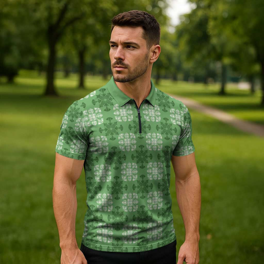 Green Hawaiian Quilt Zipper Polo Shirt Hawaii Pineapple Monstera Palaka Motifs - Polynesian Pride