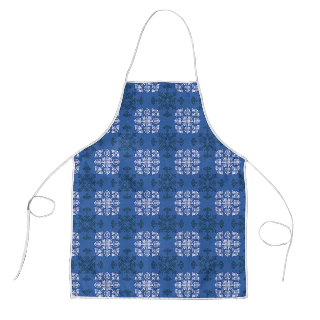 Royal Blue Hawaiian Quilt Apron Hawaii Pineapple Monstera Palaka Motifs - Polynesian Pride
