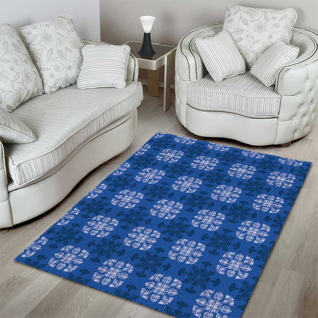 Royal Blue Hawaiian Quilt Area Rug Hawaii Pineapple Monstera Palaka Motifs - Polynesian Pride