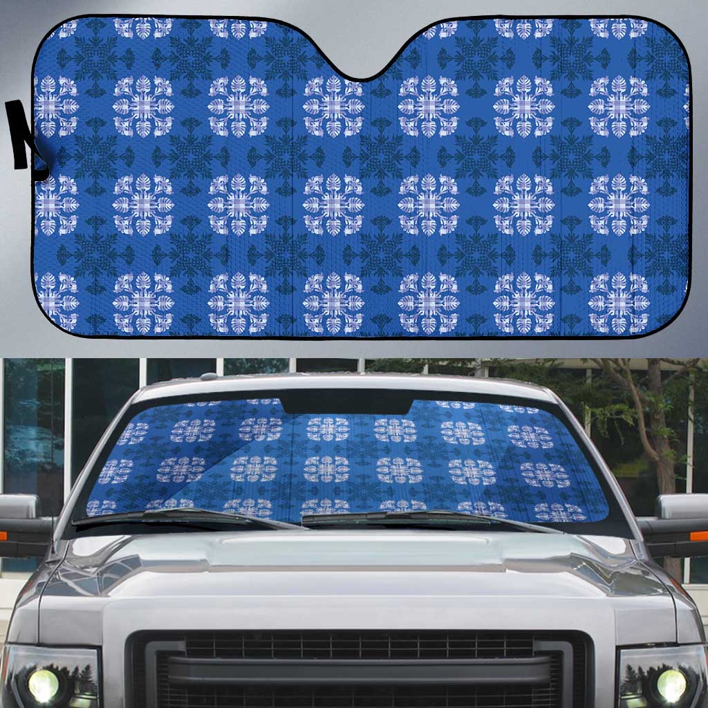 Royal Blue Hawaiian Quilt Auto Sun Shade Hawaii Pineapple Monstera Palaka Motifs - Polynesian Pride