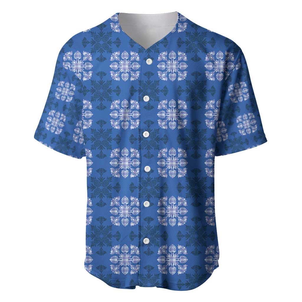Royal Blue Hawaiian Quilt Baseball Jersey Hawaii Pineapple Monstera Palaka Motifs - Polynesian Pride