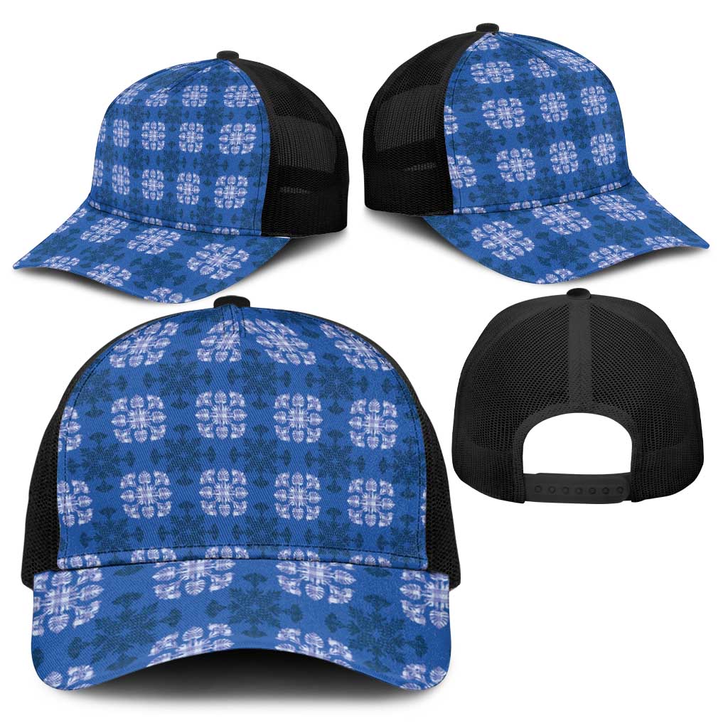 Royal Blue Hawaiian Quilt Baseball Net Cap Hawaii Pineapple Monstera Palaka Motifs - Polynesian Pride