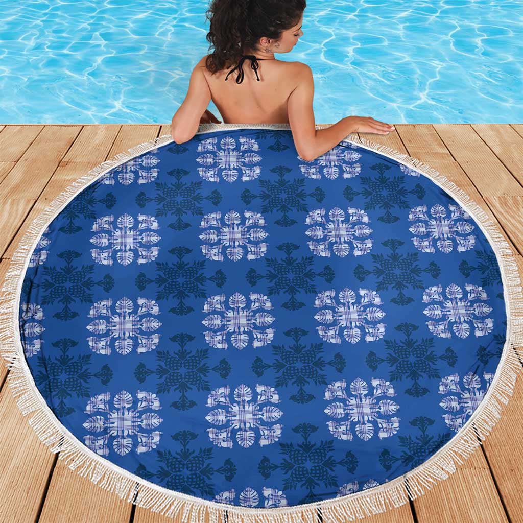 Royal Blue Hawaiian Quilt Beach Blanket Hawaii Pineapple Monstera Palaka Motifs - Polynesian Pride