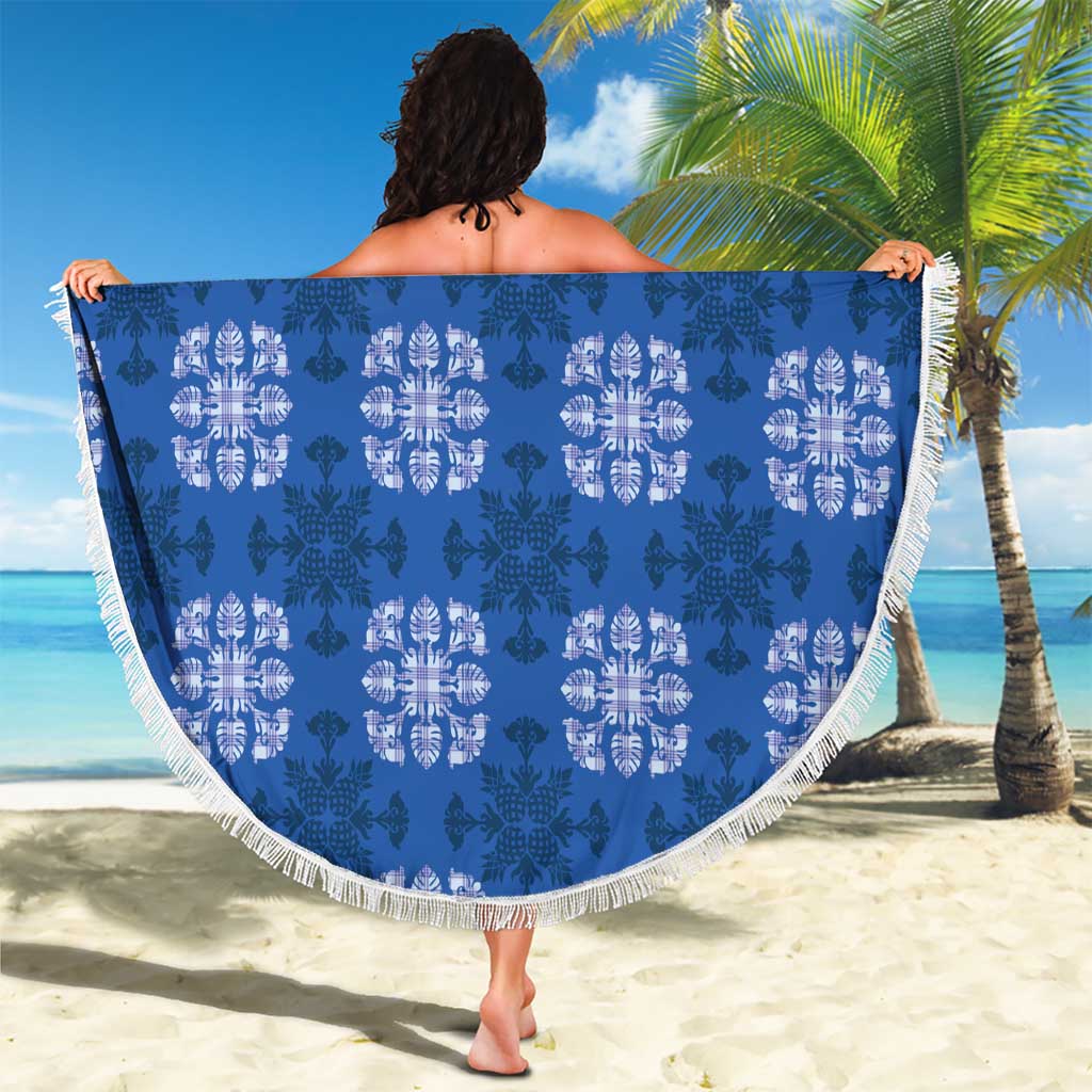 Royal Blue Hawaiian Quilt Beach Blanket Hawaii Pineapple Monstera Palaka Motifs - Polynesian Pride
