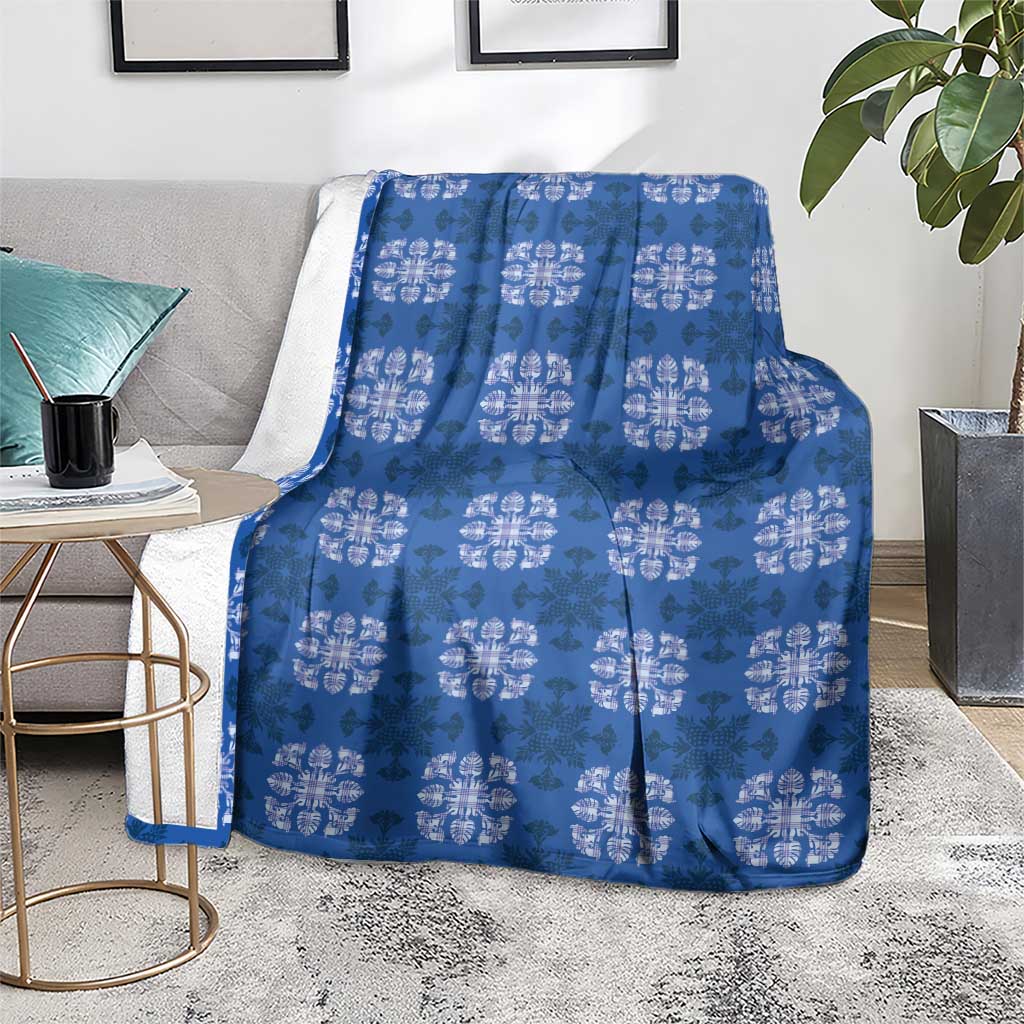 Royal Blue Hawaiian Quilt Blanket Hawaii Pineapple Monstera Palaka Motifs - Polynesian Pride