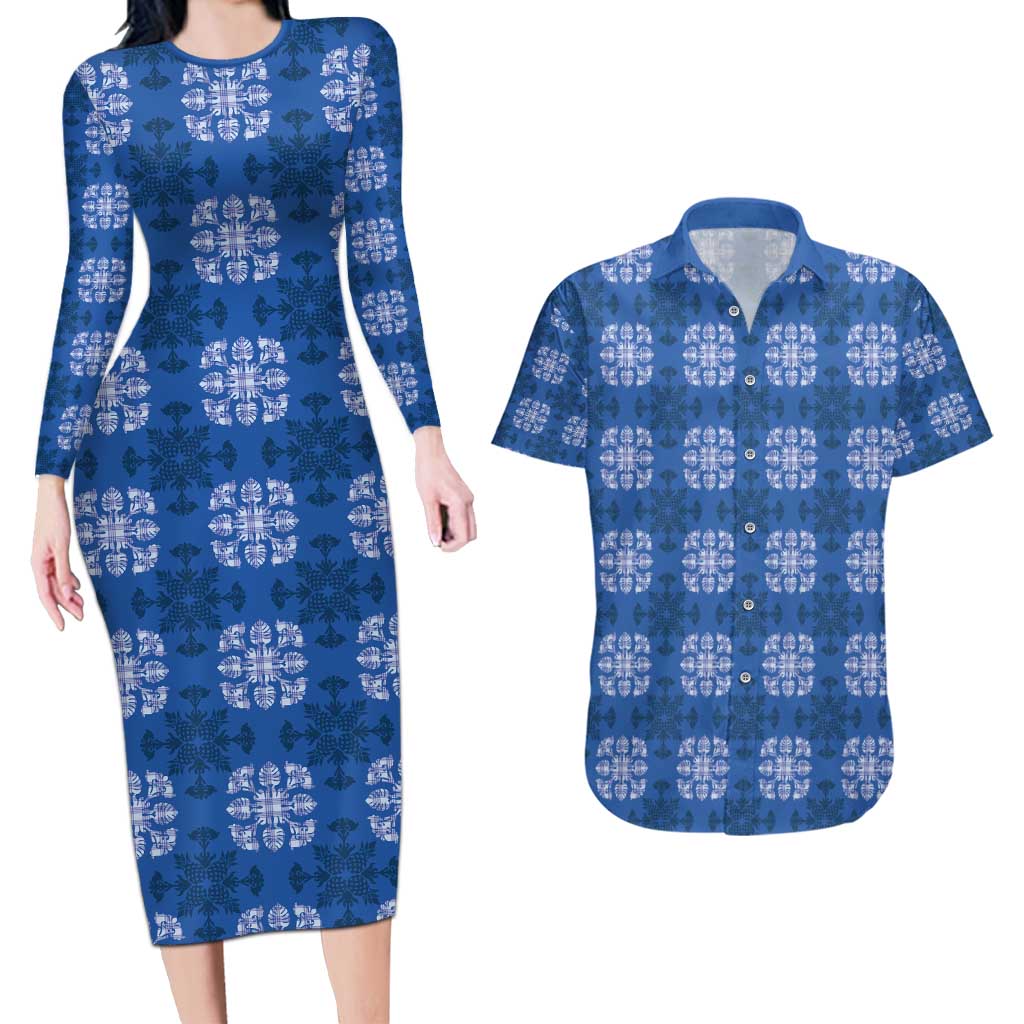 Royal Blue Hawaiian Quilt Couples Matching Long Sleeve Bodycon Dress and Hawaiian Shirt Hawaii Pineapple Monstera Palaka Motifs - Polynesian Pride