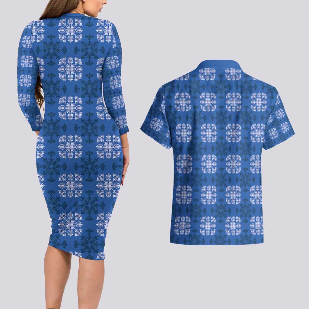 Royal Blue Hawaiian Quilt Couples Matching Long Sleeve Bodycon Dress and Hawaiian Shirt Hawaii Pineapple Monstera Palaka Motifs - Polynesian Pride
