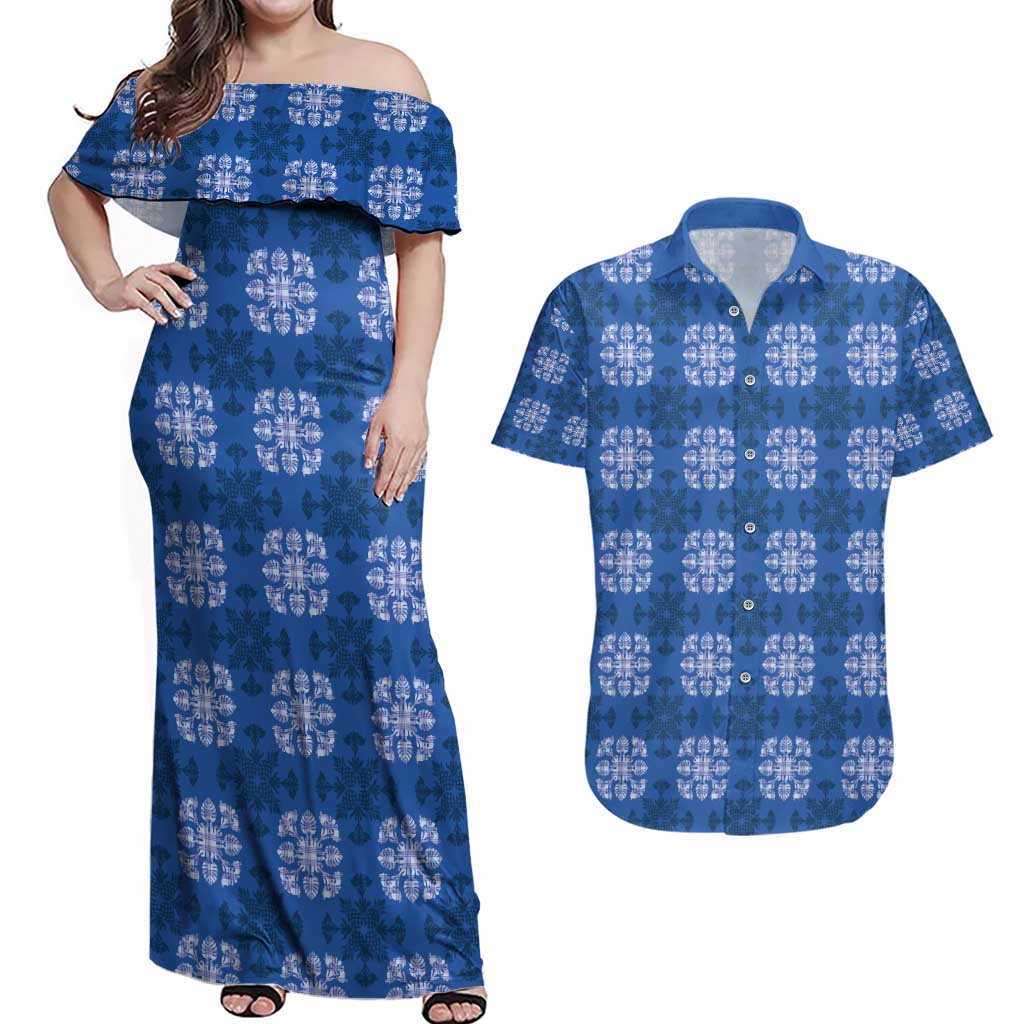 Royal Blue Hawaiian Quilt Couples Matching Off Shoulder Maxi Dress and Hawaiian Shirt Hawaii Pineapple Monstera Palaka Motifs - Polynesian Pride