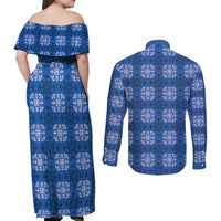 Royal Blue Hawaiian Quilt Couples Matching Off Shoulder Maxi Dress and Long Sleeve Button Shirt Hawaii Pineapple Monstera Palaka Motifs - Polynesian Pride