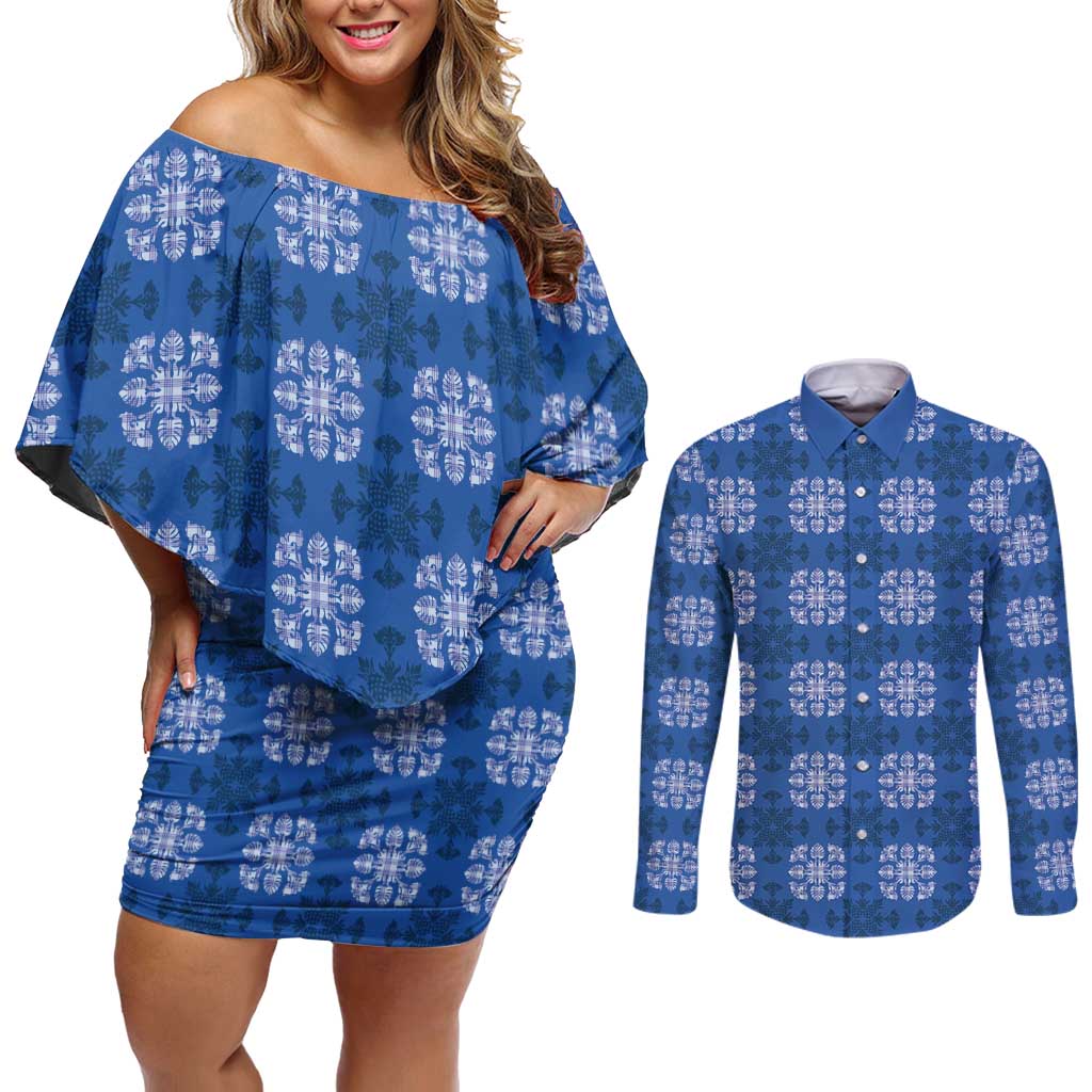 Royal Blue Hawaiian Quilt Couples Matching Off Shoulder Short Dress and Long Sleeve Button Shirt Hawaii Pineapple Monstera Palaka Motifs - Polynesian Pride