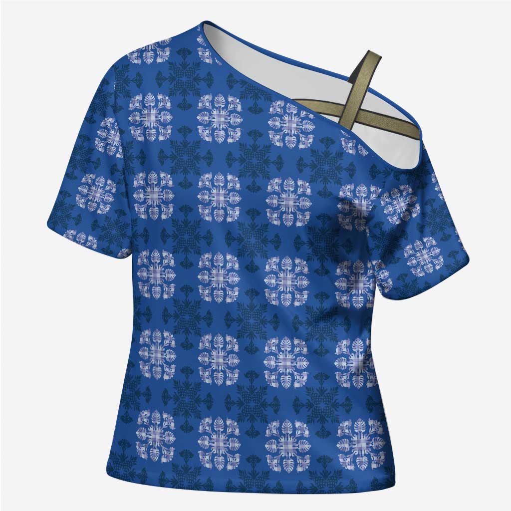 Royal Blue Hawaiian Quilt Cross Shoulder Shirt Hawaii Pineapple Monstera Palaka Motifs - Polynesian Pride