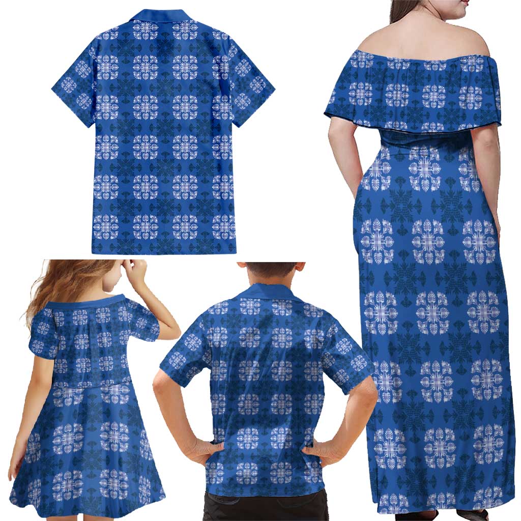 Royal Blue Hawaiian Quilt Family Matching Off Shoulder Maxi Dress and Hawaiian Shirt Hawaii Pineapple Monstera Palaka Motifs - Polynesian Pride