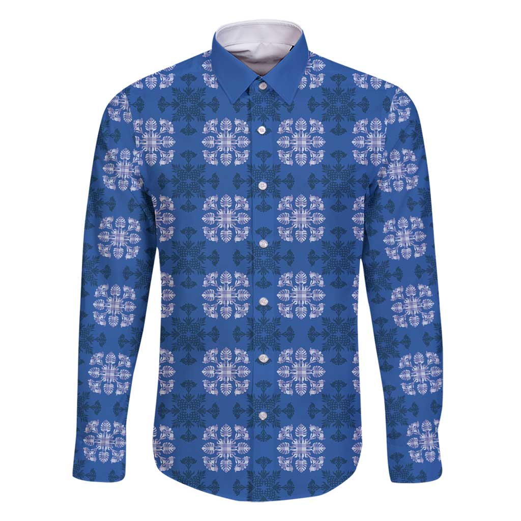 Royal Blue Hawaiian Quilt Family Matching Off Shoulder Maxi Dress and Hawaiian Shirt Hawaii Pineapple Monstera Palaka Motifs - Polynesian Pride