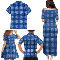 Royal Blue Hawaiian Quilt Family Matching Puletasi and Hawaiian Shirt Hawaii Pineapple Monstera Palaka Motifs - Polynesian Pride
