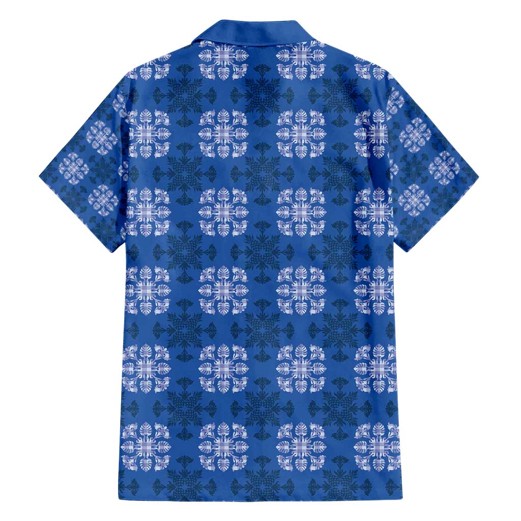 Royal Blue Hawaiian Quilt Family Matching Short Sleeve Bodycon Dress and Hawaiian Shirt Hawaii Pineapple Monstera Palaka Motifs - Polynesian Pride