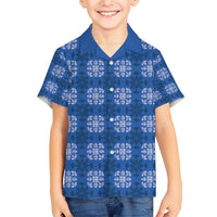 Royal Blue Hawaiian Quilt Family Matching Short Sleeve Bodycon Dress and Hawaiian Shirt Hawaii Pineapple Monstera Palaka Motifs - Polynesian Pride