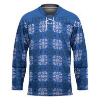 Royal Blue Hawaiian Quilt Hockey Jersey Hawaii Pineapple Monstera Palaka Motifs - Polynesian Pride