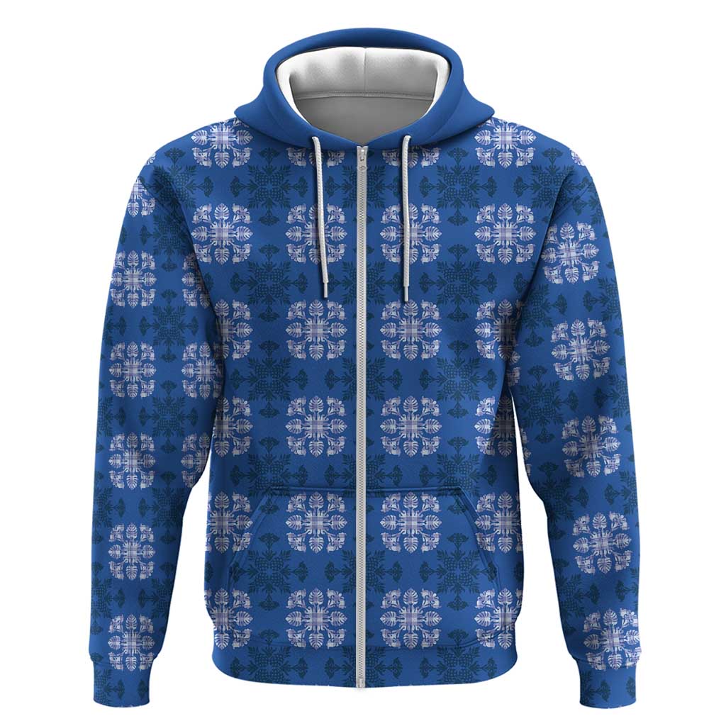 Royal Blue Hawaiian Quilt Hoodie Hawaii Pineapple Monstera Palaka Motifs - Polynesian Pride