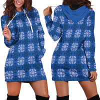 Royal Blue Hawaiian Quilt Hoodie Dress Hawaii Pineapple Monstera Palaka Motifs - Polynesian Pride