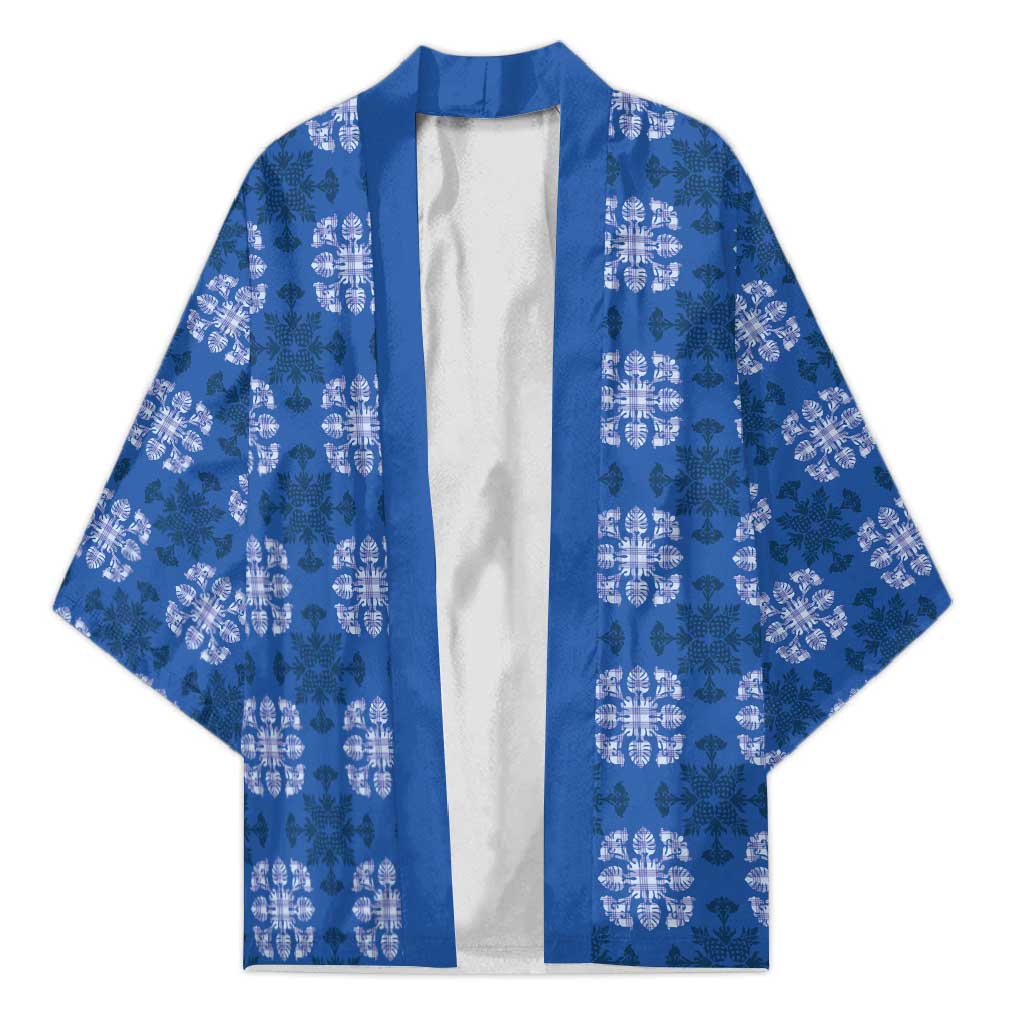 Royal Blue Hawaiian Quilt Kimono Hawaii Pineapple Monstera Palaka Motifs - Polynesian Pride