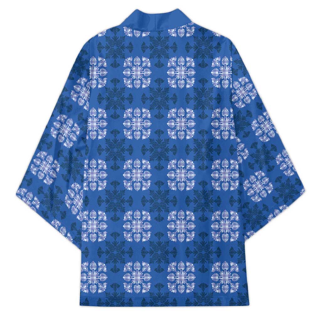 Royal Blue Hawaiian Quilt Kimono Hawaii Pineapple Monstera Palaka Motifs - Polynesian Pride