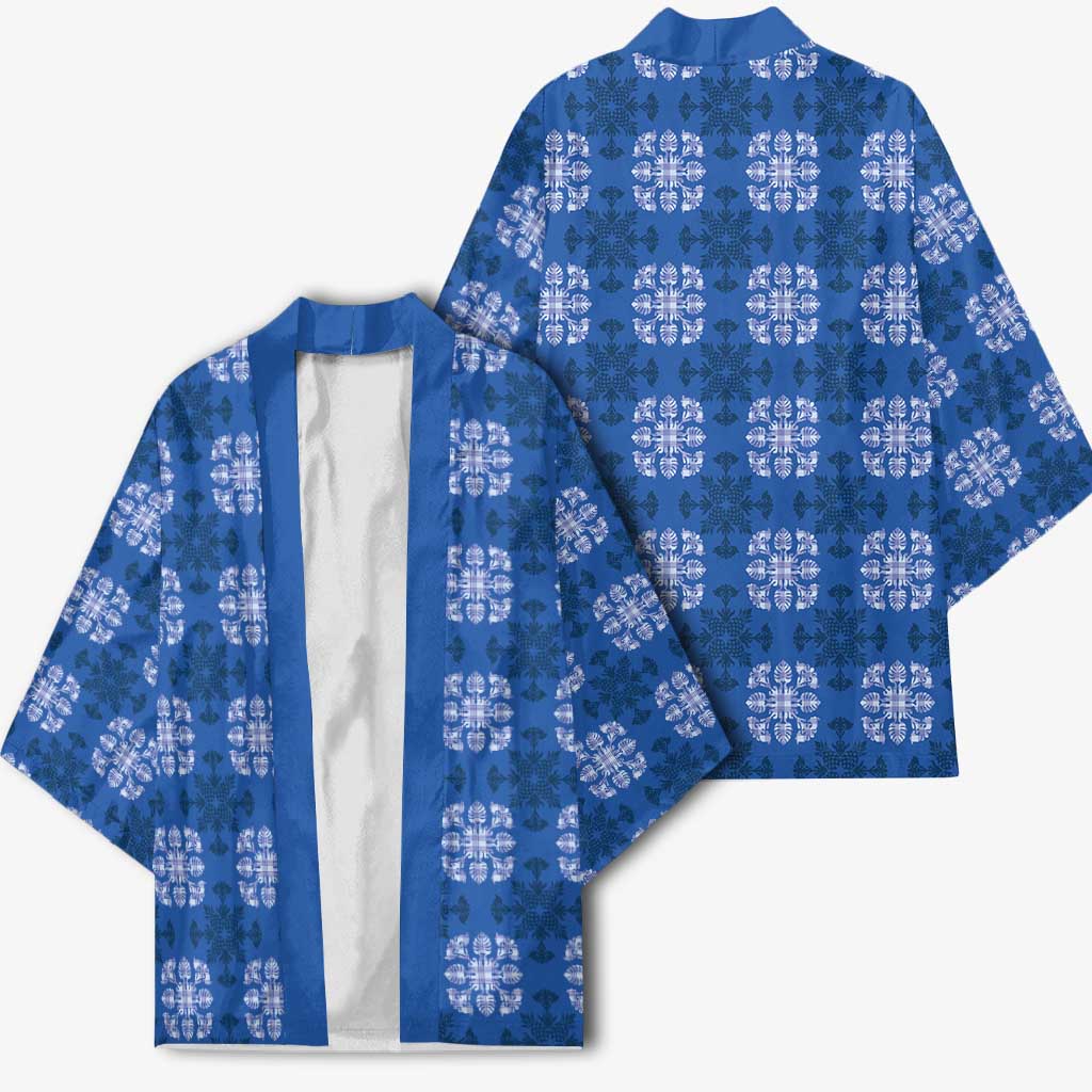 Royal Blue Hawaiian Quilt Kimono Hawaii Pineapple Monstera Palaka Motifs - Polynesian Pride