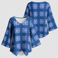 Royal Blue Hawaiian Quilt Kimono Sleeve Blouse Hawaii Pineapple Monstera Palaka Motifs - Polynesian Pride